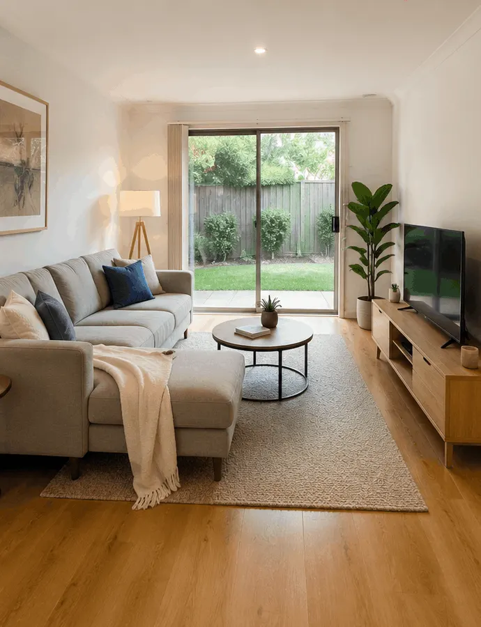 The same Melbourne lounge room after the move: the sofa, rug, coffee table and TV unit unwrapped and placed, ready to live in