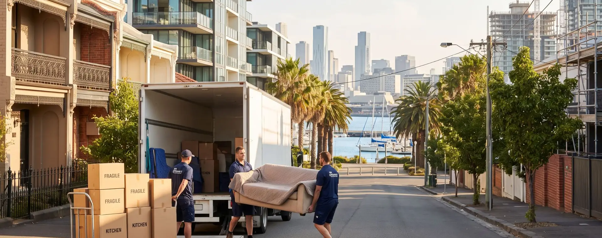 Removalists carrying a couch to a truck on a Melbourne street near the waterfront