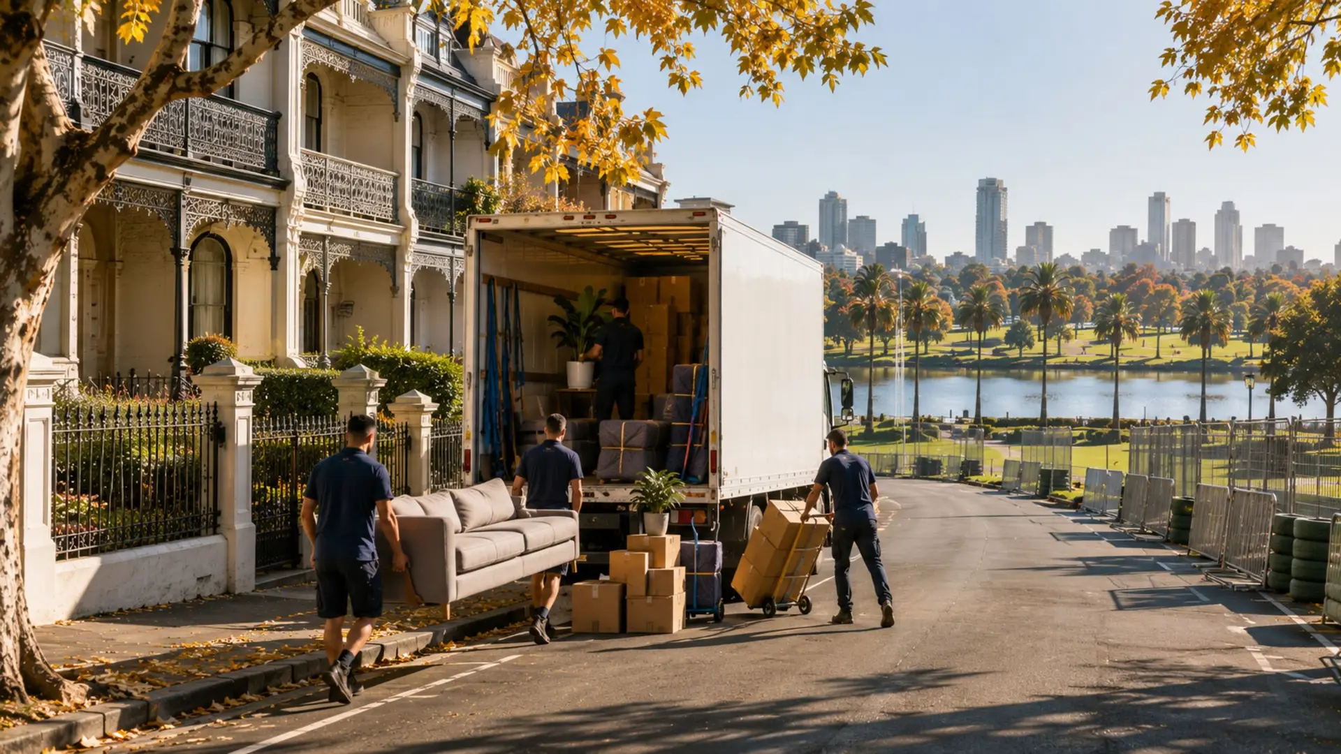 Removalists carrying a sofa from a Melbourne terrace house to a moving truck, with the city skyline behind
